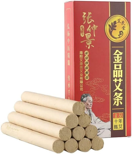 Premium 10 Years 60:1 Golden Moxa Sticks Rolls Moxibustion Mugwort Ai Tiao Pain Relief (10 Sticks)…
