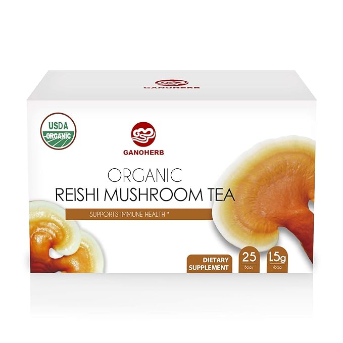 GANOHERB Organic Reishi Mushroom Tea, Adaptogen Ganoderma Lucidum Herbal Tea for Immune Health Boost, Stress Relief, 100% USDA Organic, Caffeine-Free, No Sugar, 25 Count (Pack of 1)