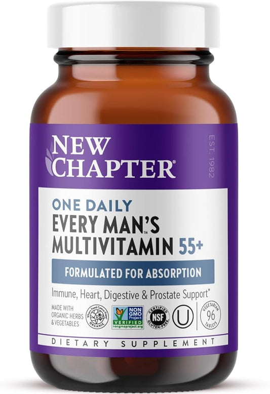 New Chapter Men's Multivitamin 50 Plus for Brain, Heart, Digestive, Prostate & Immune Support with 20+ Nutrients + Astaxanthin - Every Man's One Daily 55+, Gentle on The Stomach - 96 ct