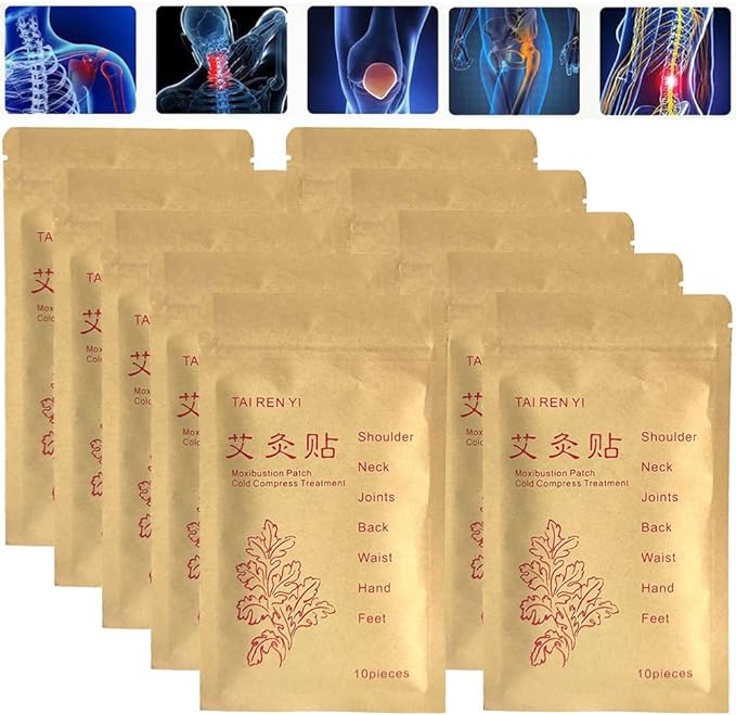 (100pcs) Moxibustion Patches 艾灸贴 Pure Nature Moxa Sticker Foot Pads Chinese Traditional Paste for Neck, Shoulder, Back, Waist, Hand, Feet, Joint, 7 * 10cm, Pack of 10