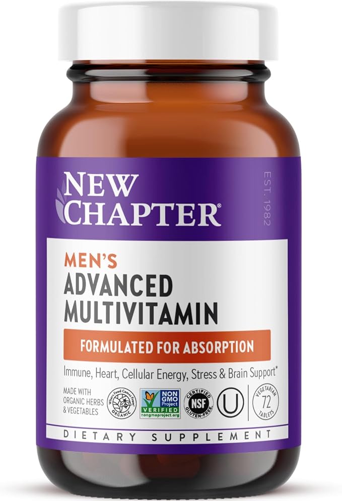 New Chapter Men's Multivitamin Advanced Formula for Stress, Brain, Immune, Heart & Energy Support, Higher Levels of Whole-Food Fermented Essential Nutrients for Men + Selenium + B Vitamins, 72 ct