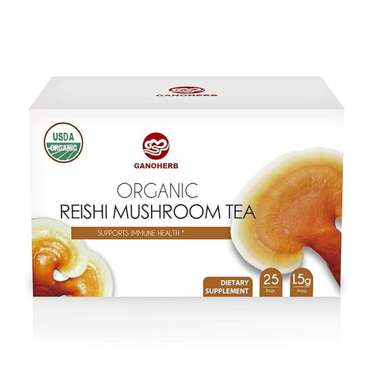 GANOHERB Organic Reishi Mushroom Tea, Adaptogen Ganoderma Lucidum Herbal Tea for Immune Health Boost, Stress Relief, 100% USDA Organic, Caffeine-Free, No Sugar, 25 Count (Pack of 1)