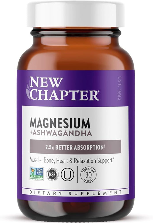 New Chapter Magnesium + Ashwagandha Supplement, 325 mg with Magnesium Glycinate, Calm & Relaxation, Muscle Recovery, Heart & Bone Health, 2.5x Absorption, Gluten Free, Non-GMO - 30 ct (1 Month Supply)