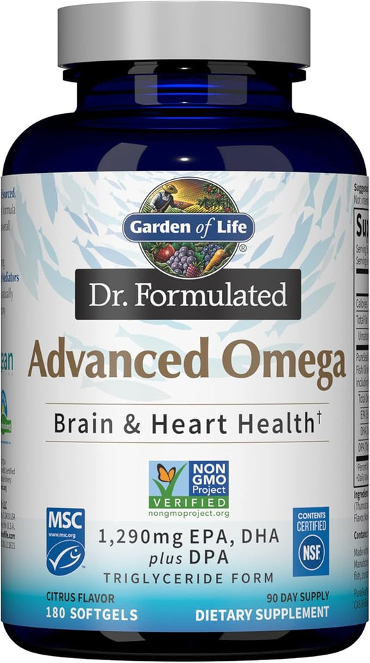 Garden of Life Dr. Formulated Advanced Omega Fish Oil - Lemon, 1,290mg EPA, DHA + DPA in Triglyceride Form, Single Source Omega 3 Supplement for Ultimate Brain & Heart Health, Non-GMO, 180 Softgels