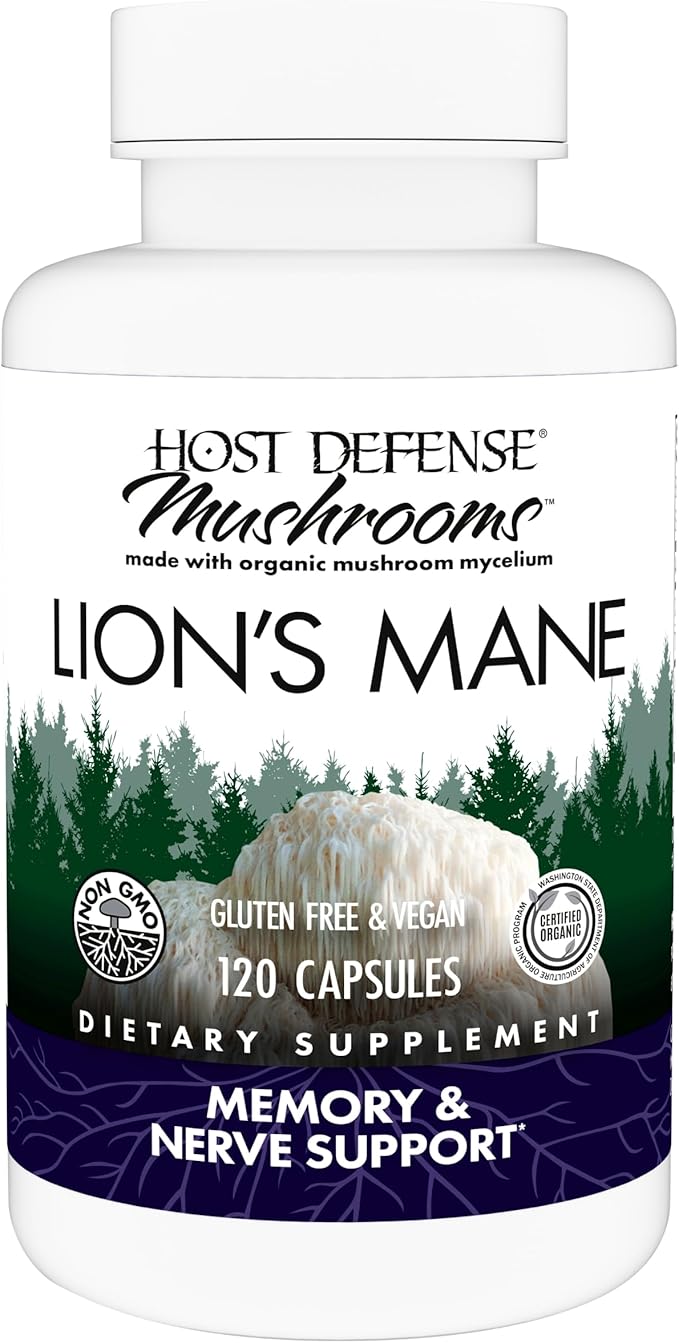 Host Defense Mushrooms Lion's Mane - Brain Health Support Supplement for Focus & Memory Function - Immune & Nervous System Support Supplement - 120 Capsules (60 Servings)*