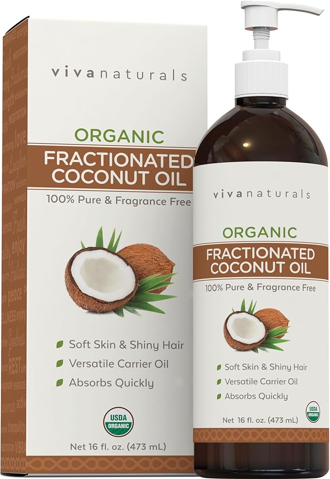 Viva Naturals Organic Fractionated Coconut Oil - Skin & Hair Moisturizer, Relaxing Massage and Body Oil, Carrier Oil for Essential Oils Mixing, Pure Non-Greasy Coconut Oil for Skin and Hair, 16 fl oz