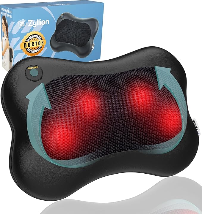 Zyllion Shiatsu Back and Neck Massager with Heat - 3D Kneading Deep Tissue Electric Massage Pillow for Chair, Car, Muscle Pain Relief on Shoulders, Legs, Foot - Black (ZMA-13)