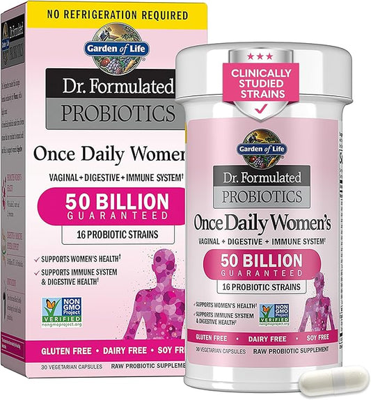 Garden of Life Once Daily Dr. Formulated Probiotics for Women 50 Billion CFU 16 Probiotic Strains with Organic Prebiotics for Digestive, Vaginal & Immune Health, Dairy Free, Shelf Stable 30 Capsules