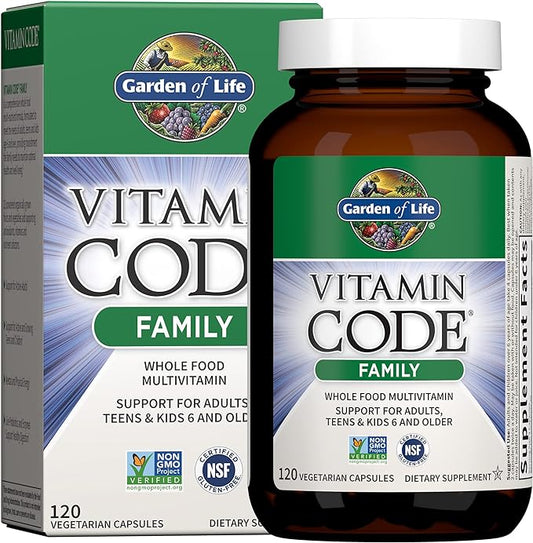 Garden of Life Multivitamin for Women, Men & Kids Age 6 and up, Vitamin Code Family Multi - 120 Vegetarian Capsules, Whole Food Vitamins, Food Blend & Probiotics, Gluten Free Dietary Supplements