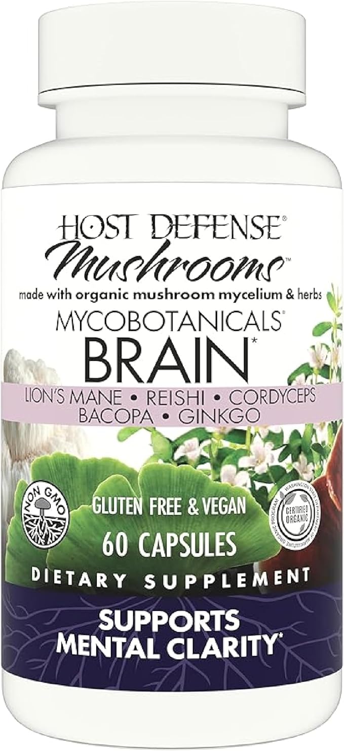 Host Defense MycoBotanicals Brain* Capsules - Brain Support Supplement with Lion's Mane, Reishi & Cordyceps Mushroom - Herbal Supplement for Memory & Focus Support - 60 Capsules (30 Servings)*