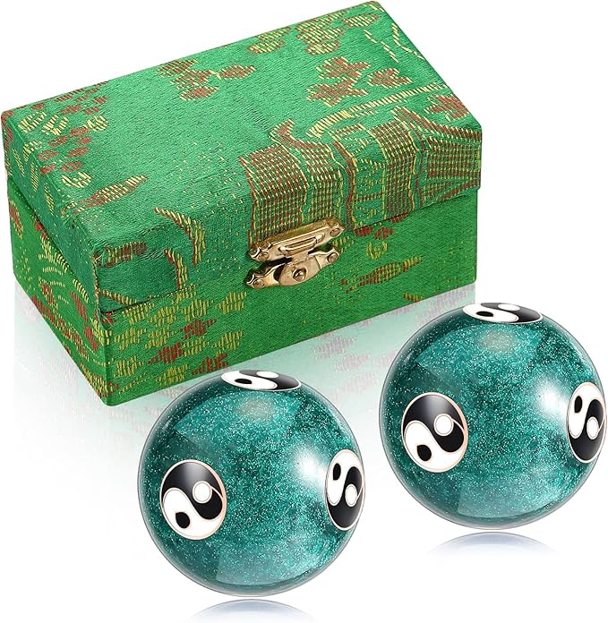 Hiboom 2 Pcs Baoding Balls Chinese Health Massage Exercise Stress Balls for Adults with Gift Box 1.46 Inches Hand Relief Exercise Ball Yin Yang Design Natural Enamel Cloisonne Craft (Green)